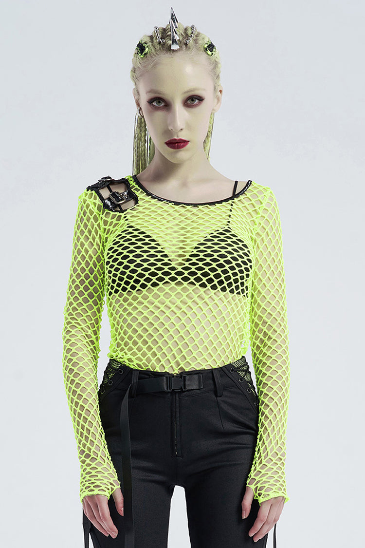 Green Long Sleeve Round Collar Shoulder Hollow Out Leather Hasp Coarse Mesh Women's Punk T-Shirt