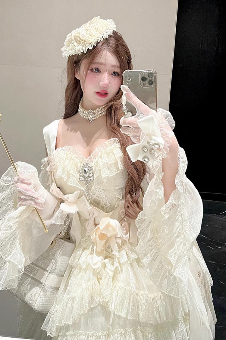 Princess Off Shoulder Multi-Layered Ruffle Bowknot Lace Sweet Elegant Lolita Strapless Dress