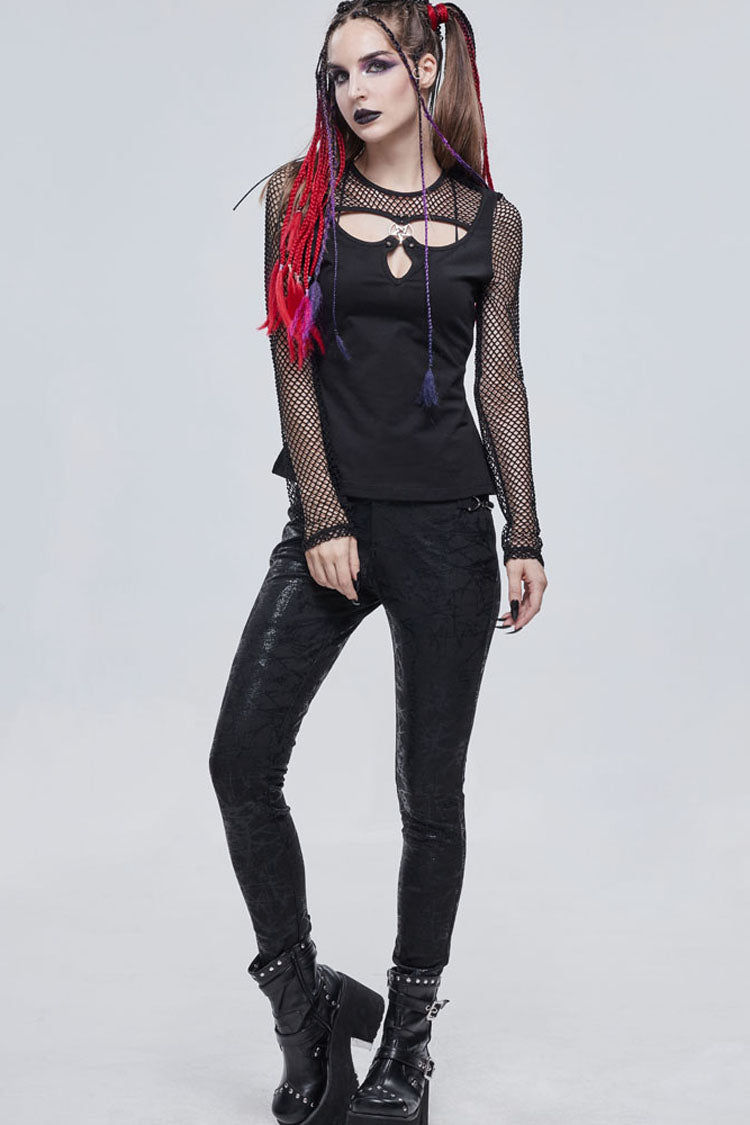 Black Punk Knitted Over Glue Metal Buckle Decoration Elasticity Leather Women's Leggings