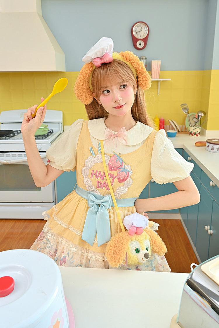 Yellow [Happy Day] Short Sleeves Triple-Layered Print Bowknot Lace Sweet Princess Lolita Dress