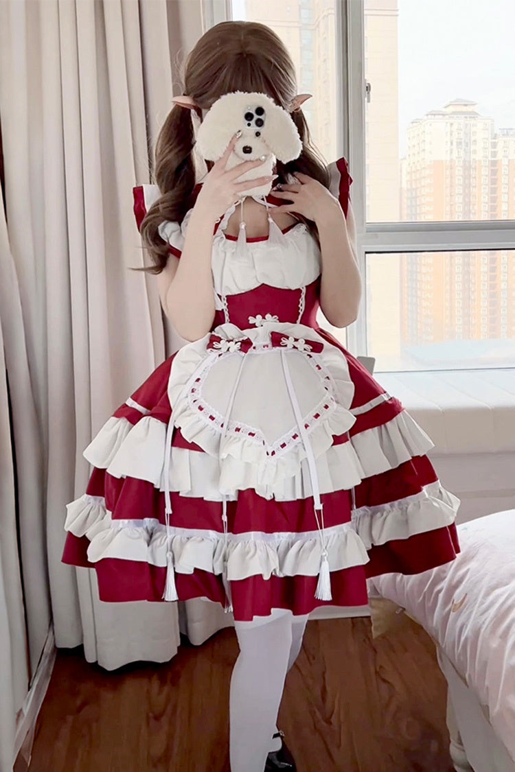 Red/White Love Double-Layered Ruffle Bowknot Sweet Plus Size Chinese Style Lolita Dress Full Set