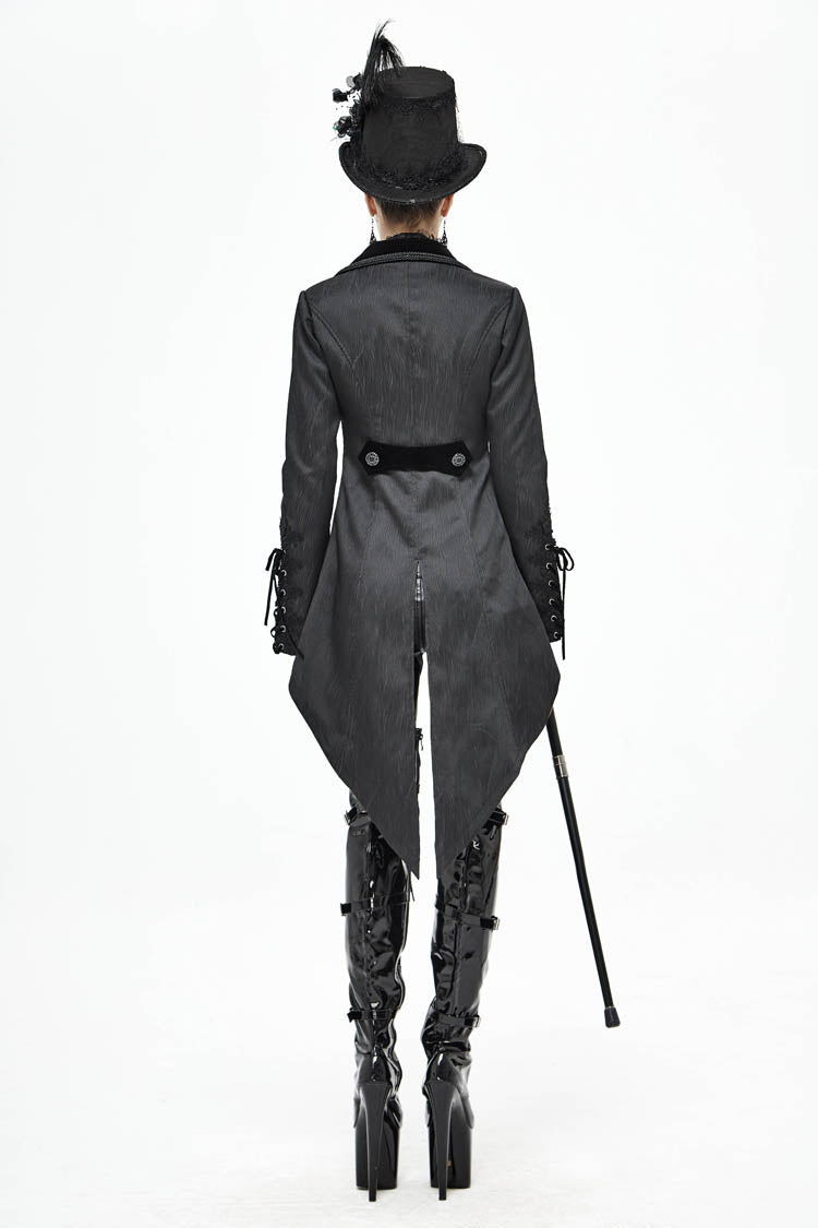 Black Front Decals Metal Button Lace-Up Cuff Dovetail Hem Striped Jacquard Women's Gothic Coat