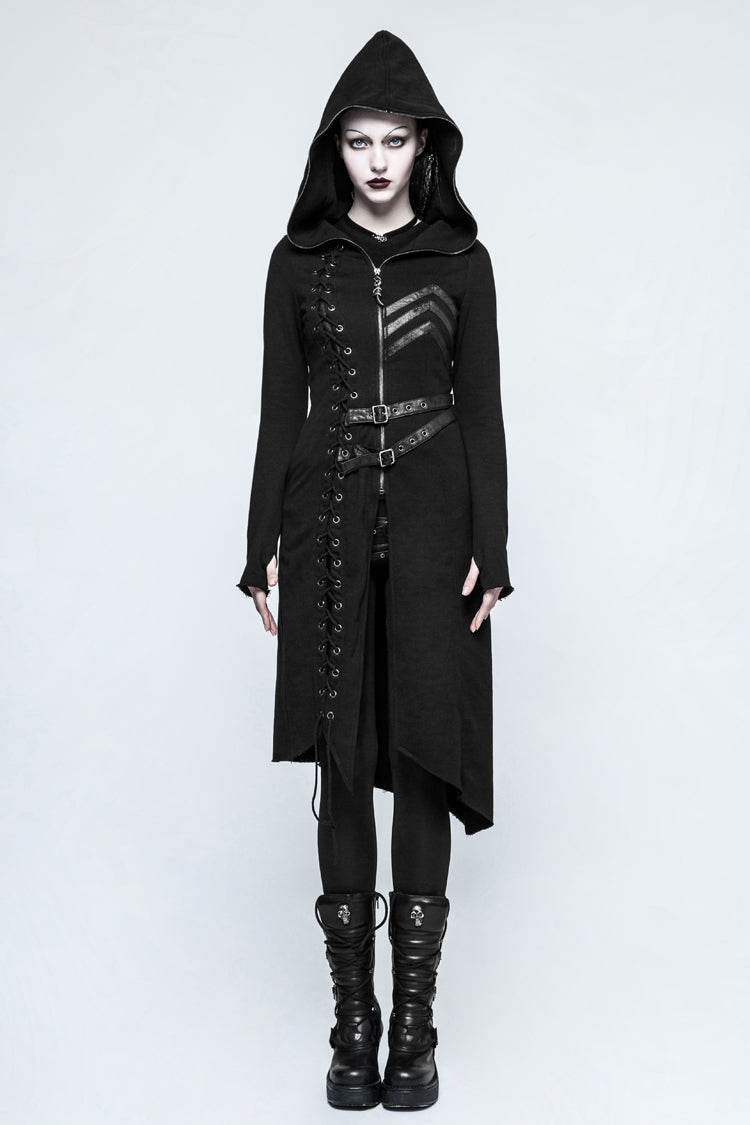 Black Long Sleeves Hooded Asymmetric Women's Gothic Military Coat With Belt