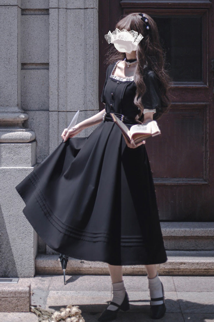 Black [Random Thoughts] Square Collar Short Sleeves Ruffle Classic Vintage Elegant Lolita Dress