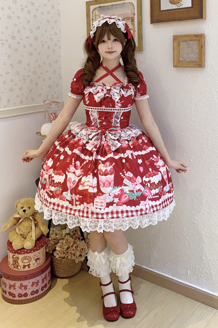 Red [Strawberry Parfait] Print Short Sleeves Ruffle Bowknot Lace Lace-Up Sweet Lolita Dress