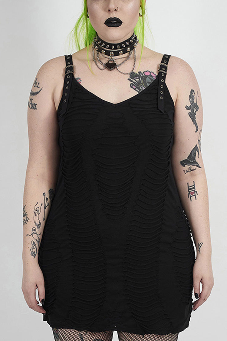 Black Metal Eyelets Strap Irregular Knit Plus Size Women's Punk Sling Dress
