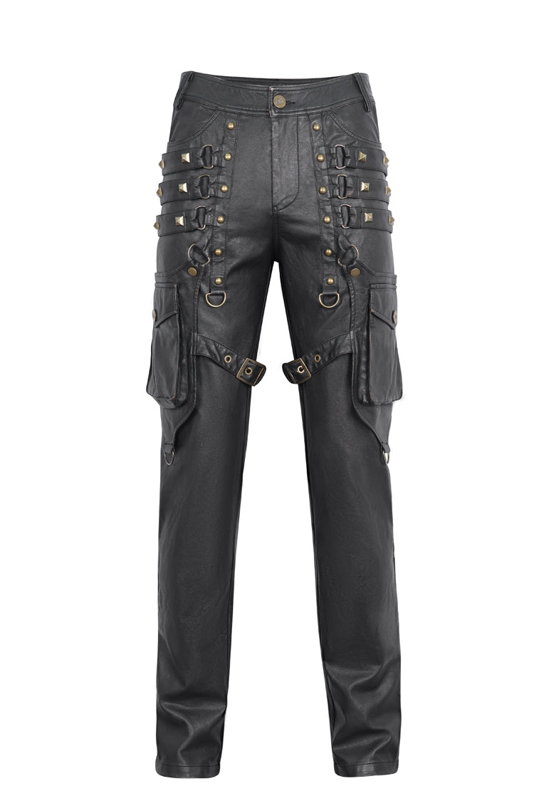 Black Big Pocket Bronze Studded Faux Leather Men's Gothic Pants