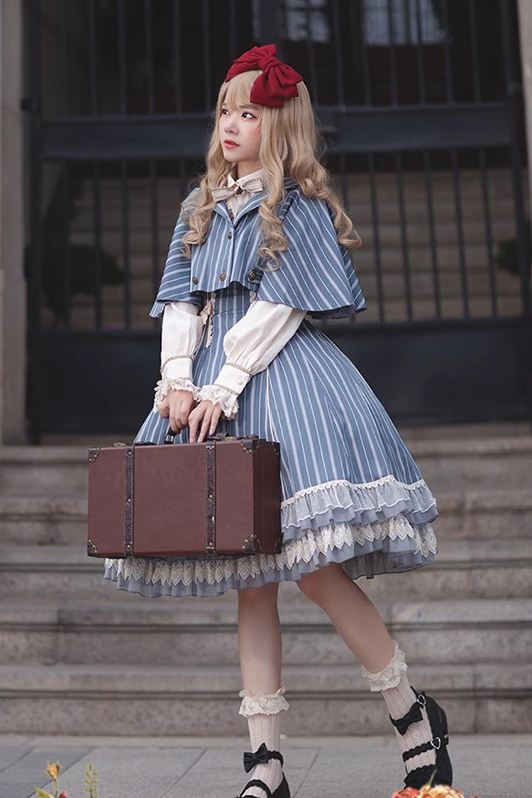 Blue Multi-layer Stripe Print Ruffle Sweet Lolita Jsk Dress