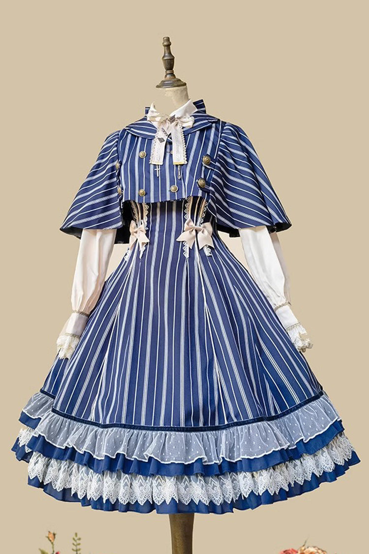 Blue Multi-layer Stripe Print Ruffle Sweet Lolita Jsk Dress