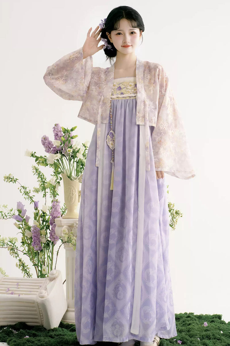 Lila/Aprikose [Rain Dream] Lange Ärmel, hohe Taille, bedruckt, bestickt, süßes Hanfu-Kleid-Set für Damen