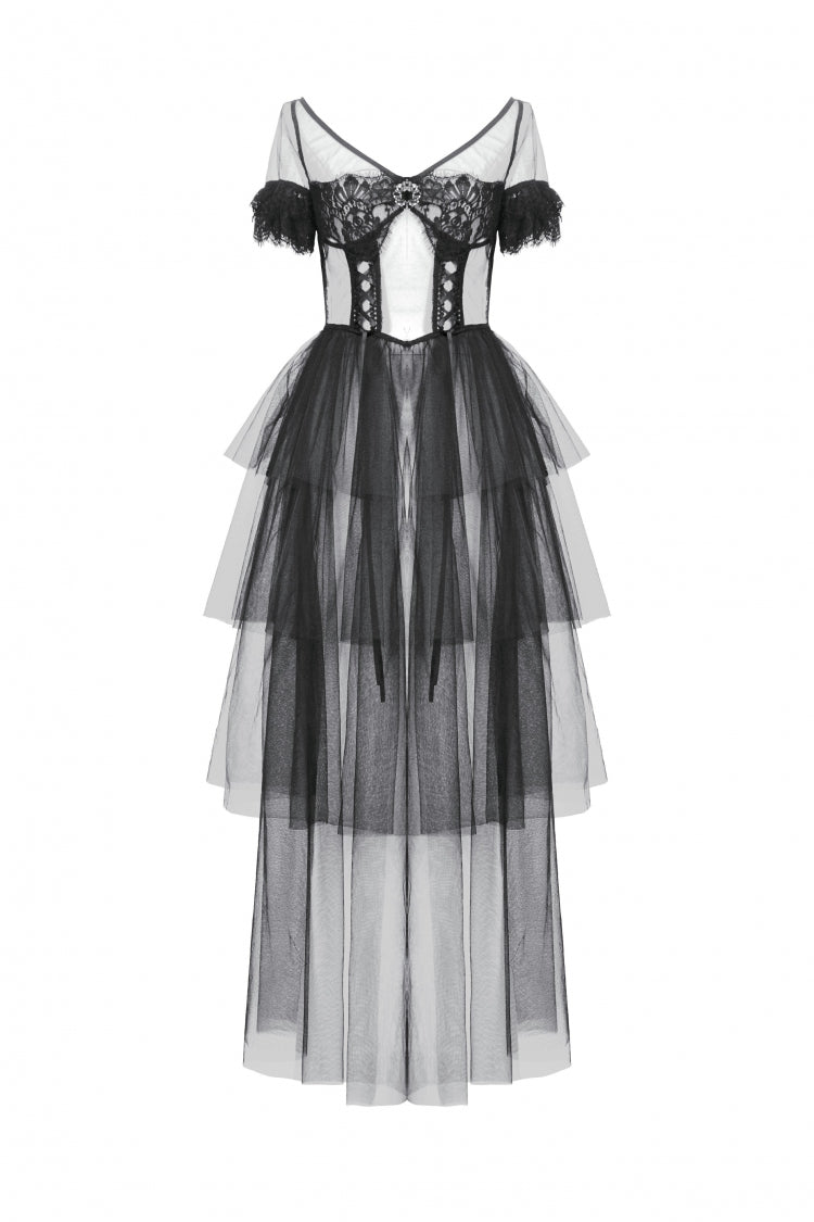 Black V Collar Short Sleeves Multi-Layered Sheer Mesh Women's Gothic Dress