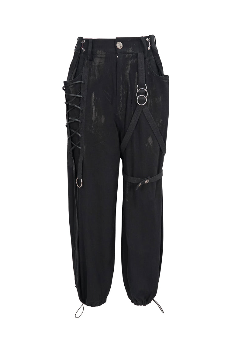 Black Irregular Print Single Side Frenulum Ring Legs Drawstring Closing Women's Punk Pants