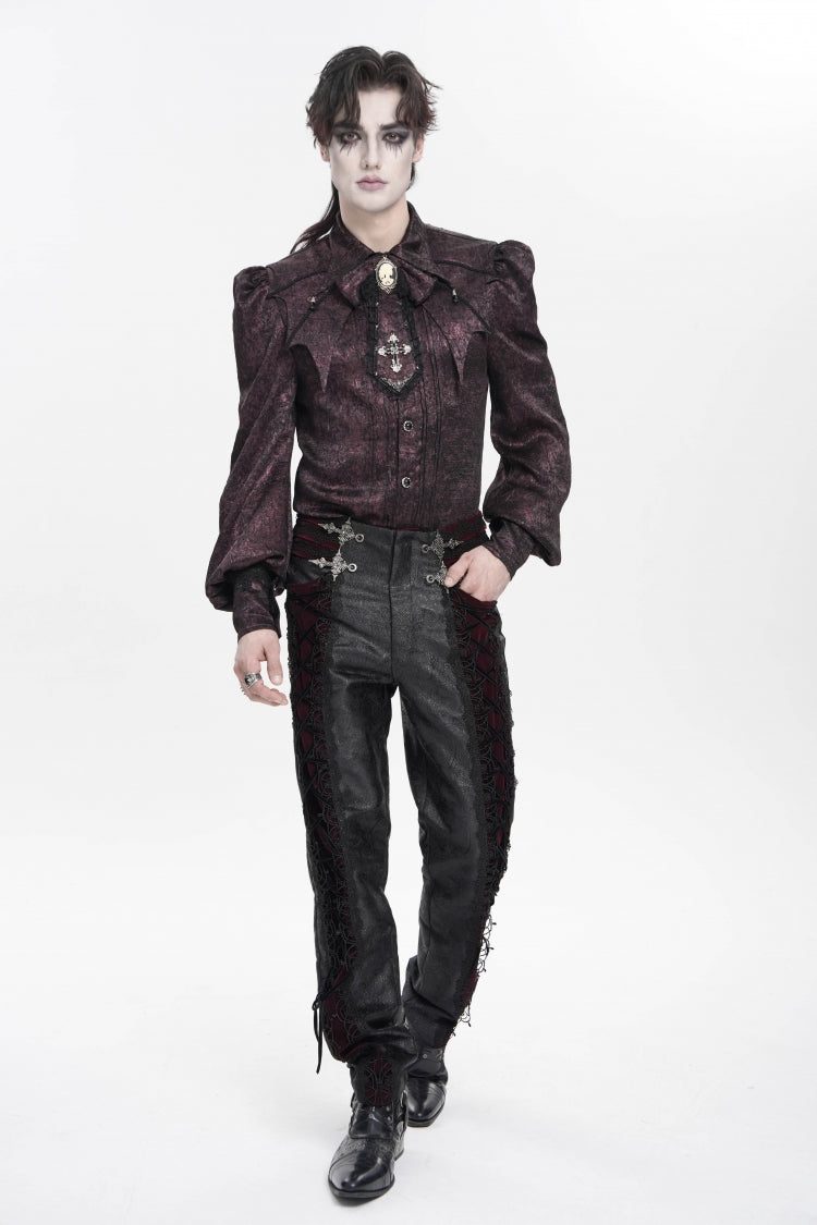 Schwarz/rote, gespleißte, schmale Herren-Gothic-Palast-Hose aus Samt mit Jacquard-Schnürung
