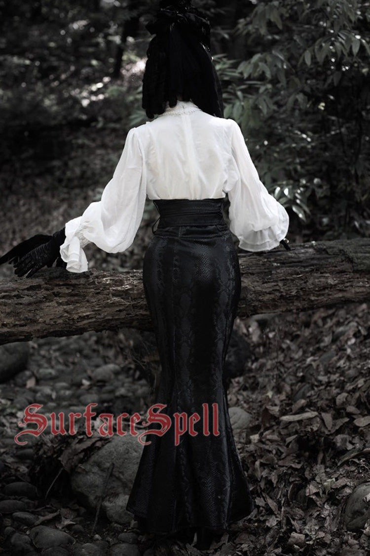 Black Faux Leather Snake Print Flared Fishbone Mermaid Gothic Lolita Skirt