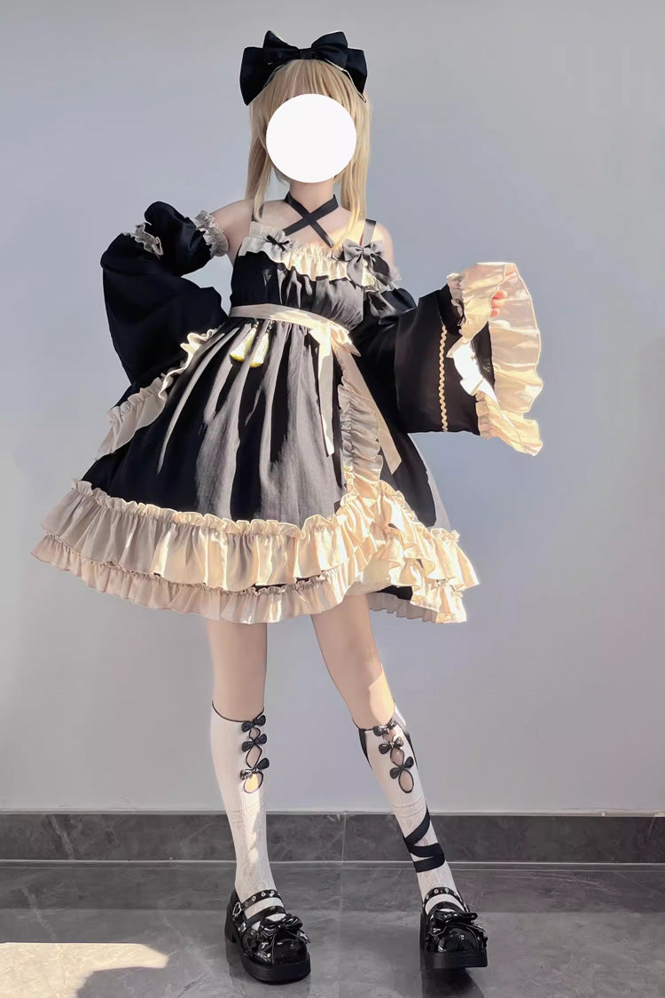 Black [Monet Estate] Sleeveless High Waisted Ruffle Bowknot Asymmetric Gothic Lolita Jsk Dress