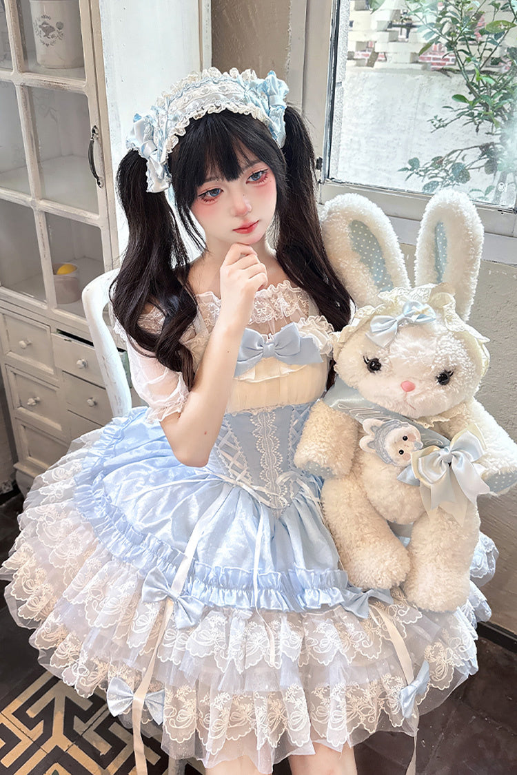 Blue [Dance of Time] Sleeveless Triple-Layered Ruffle Bowknot Lace Lace-Up Sweet Ballet Lolita Jsk Dress