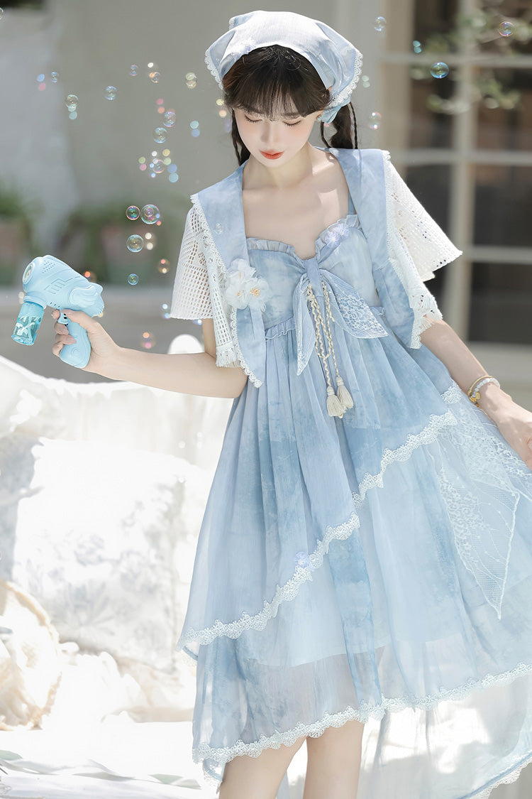 Blue [Clouds Resting in the Wilderness] Print Ruffle Embroidery Bowknot Lace Irregular Lolita Jsk Dress