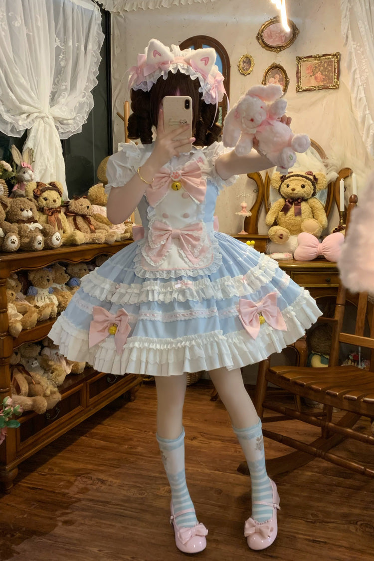 Blue [Meowling Sweet Maid] Sleeveless Multi-Layered Ruffle Bowknot Lace Sweet Princess Lolita Jsk Dress