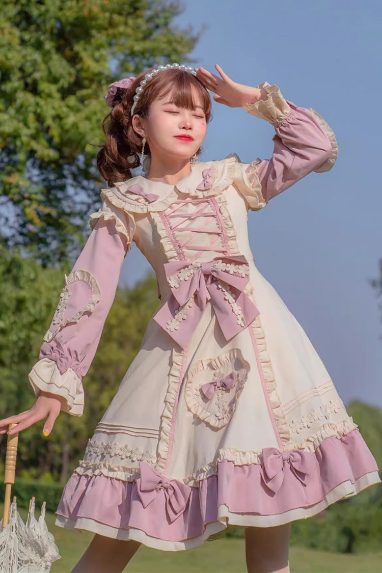 Pink/White [Little Florist] Long Sleeves Ruffle Bowknot Lace-Up Sweet Plus Size Princess Lolita Dress