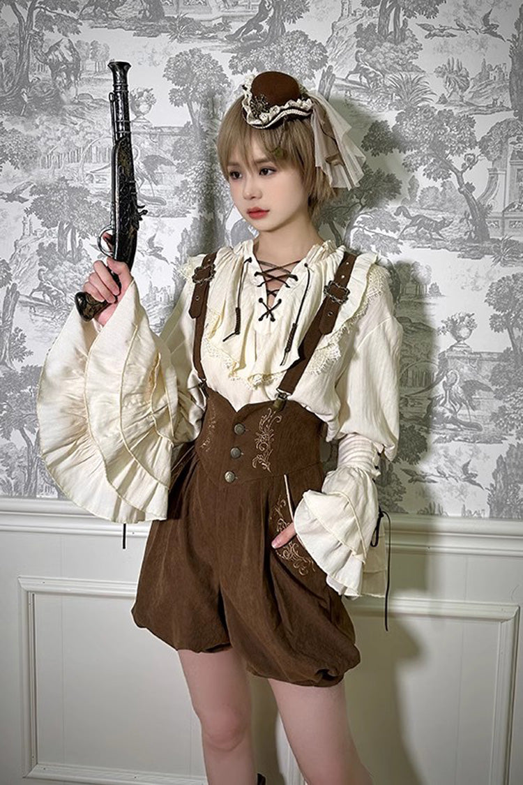 Elfenbeinfarbene Ouji-Lolita-Bluse mit V-Kragen und langen Hime-Ärmeln aus der Piratenserie