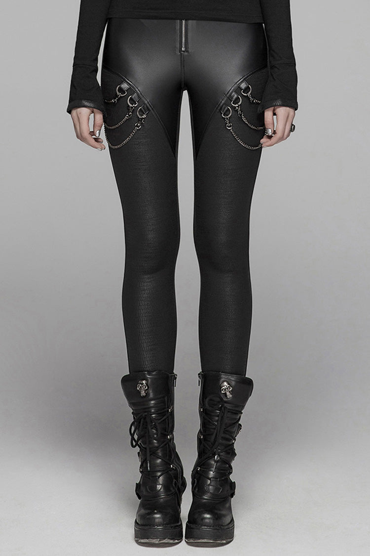 Schwarze Crack Velvet Splice Knit PU-Leder Metallschnalle Connect Chain Damen Punk Leggings