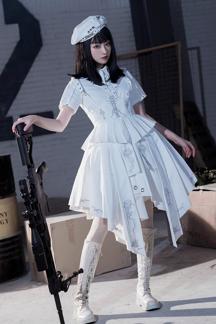 Weißes, kurzärmliges Lolita-Kleid mit Print im Gothic-Stil von Travelling Thorns