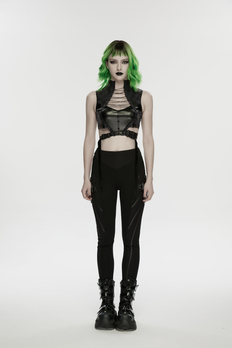 Legging punk à empiècements accentué d'armure pour femme Slim noir