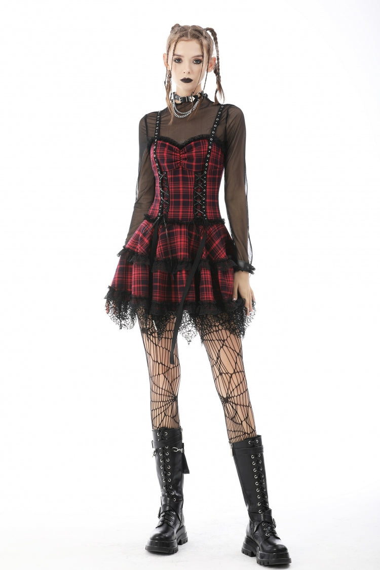 Rotes ärmelloses Saum-Plaid-Lagen-Spitzen-Punk-Mini-Trägerkleid für Damen