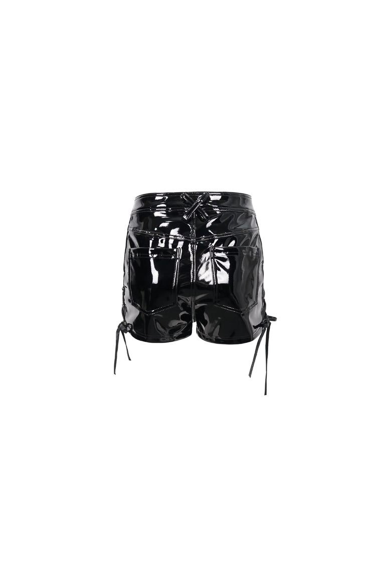 Schwarze Stretch-Glanz-Panel-Diamant-Mesh Sexy Damen Gothic Shorts