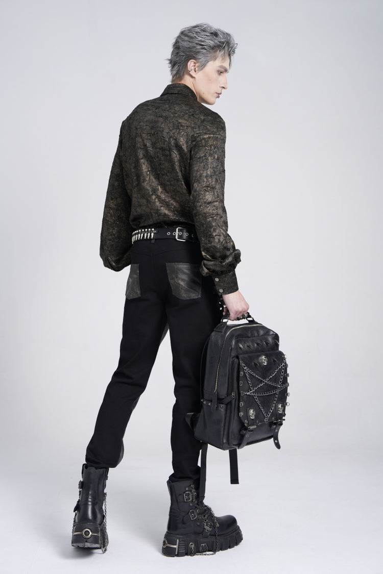 Schwarze Bluse mit Reverskragen, langen Puffärmeln, Kunstleder-Nähten und Kette im Gothic-Stil für Herren 