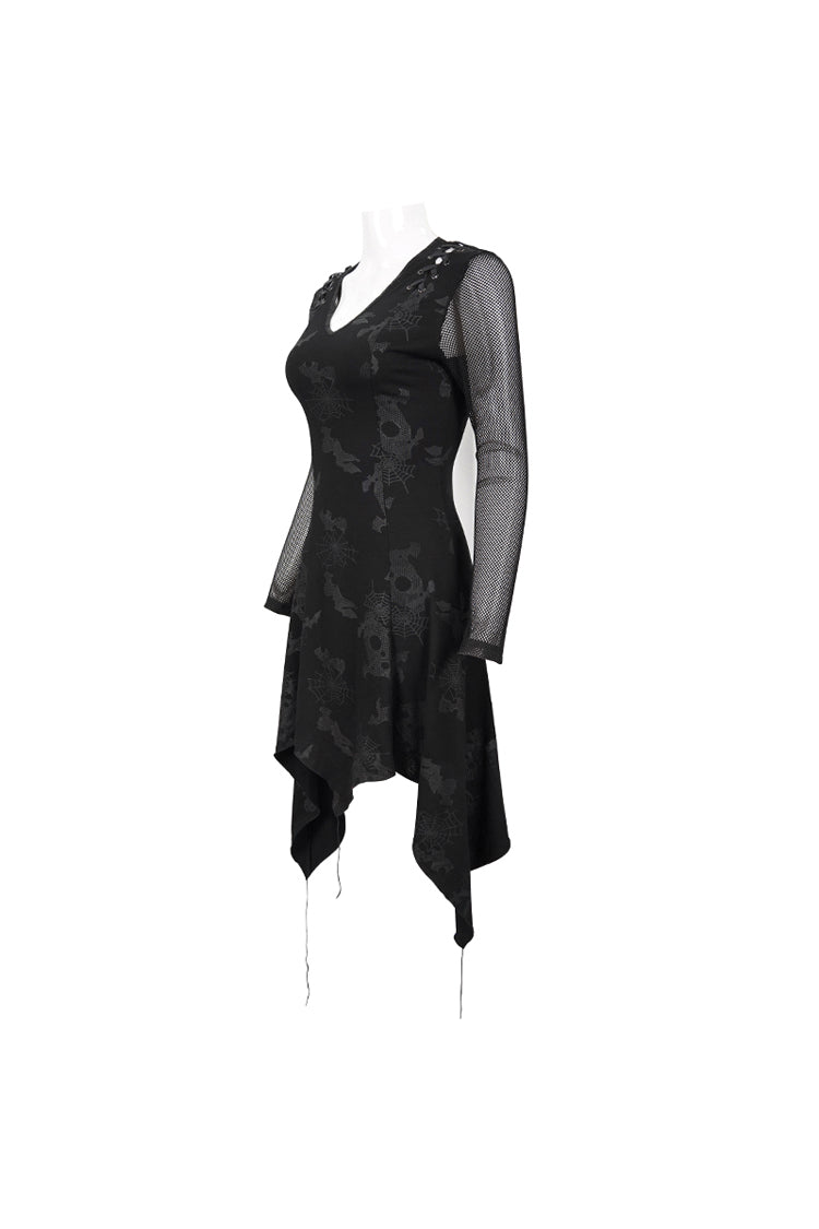 ブラック ショルダー カットアウト タイ ロープ V ネック パターン プリント装飾的な女性のゴシック ドレス