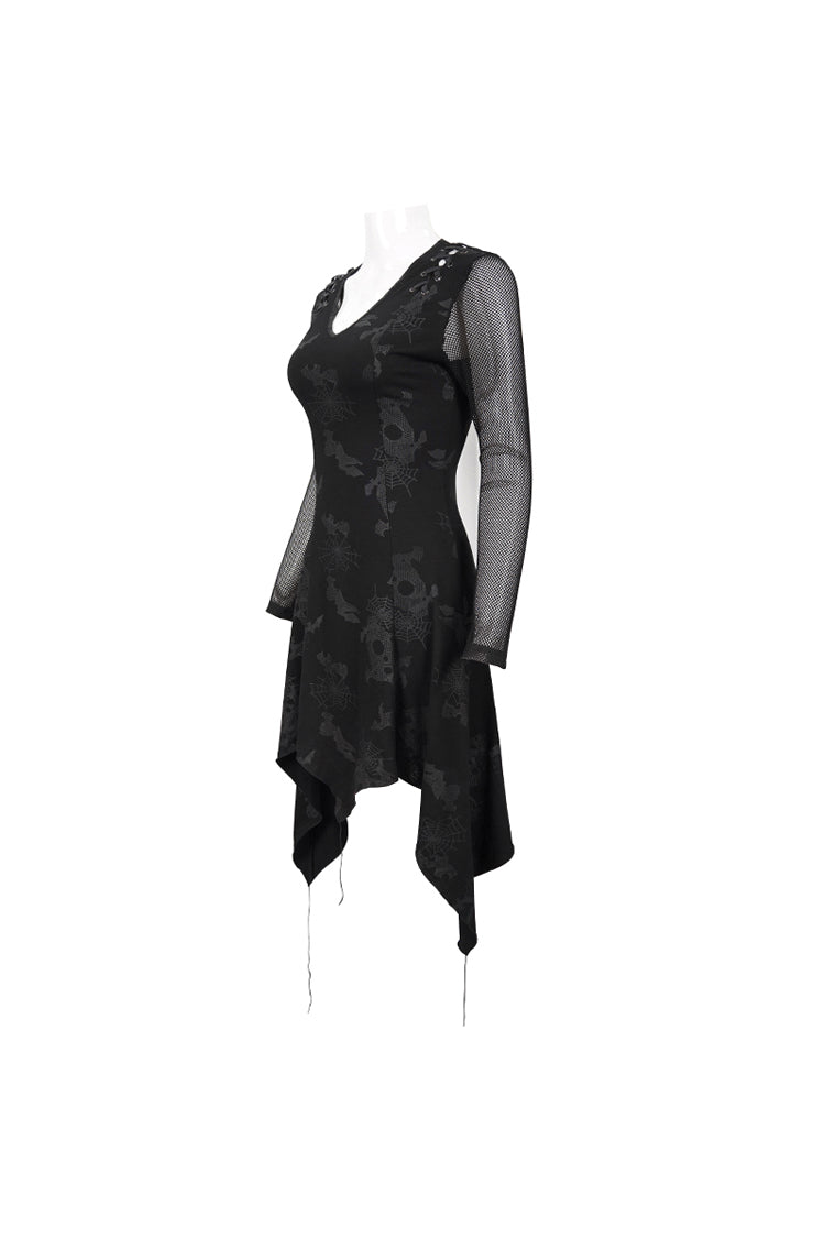 Black Shoulder Cutout Tie Rope V Neck Pattern Print Decorative Women's Gothic Dress