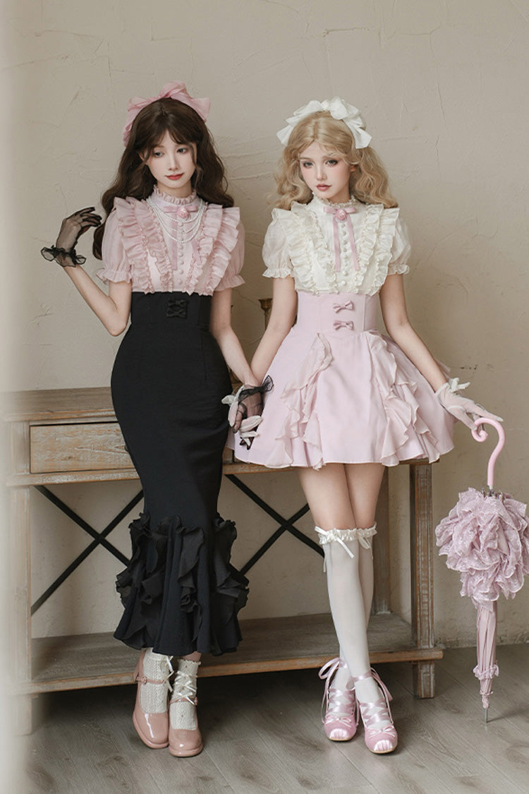 Rose/Abricot [Miss Lola] Col montant Manches courtes Volant Nœud papillon Robe Sweet Lolita 
