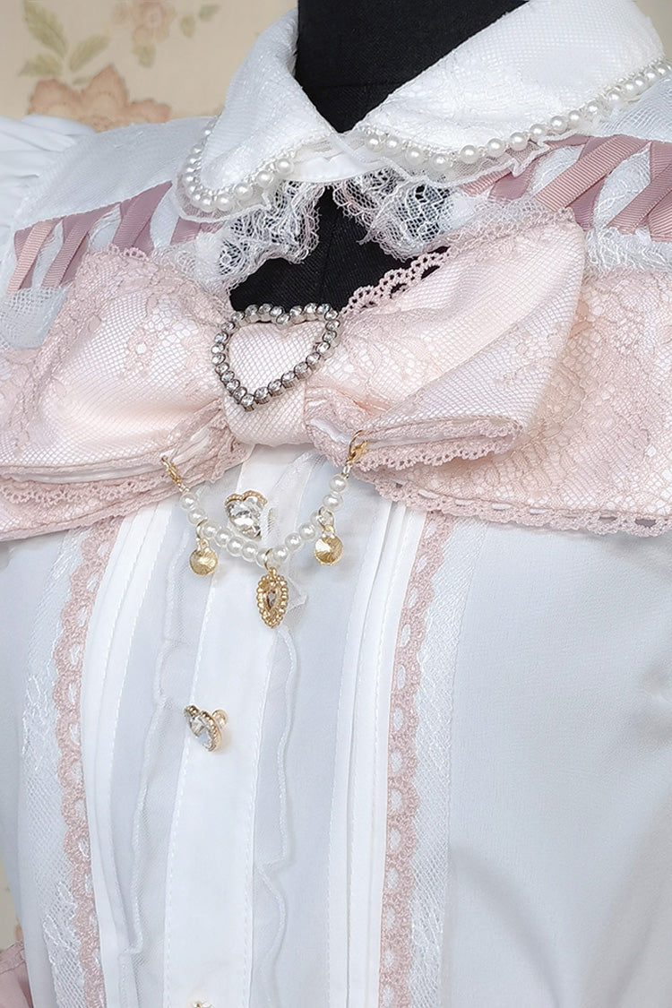 White/Pink Lapel Collar Short Sleeves Double-Layered Ruffle Bowknot Sweet Jirai Kei Set