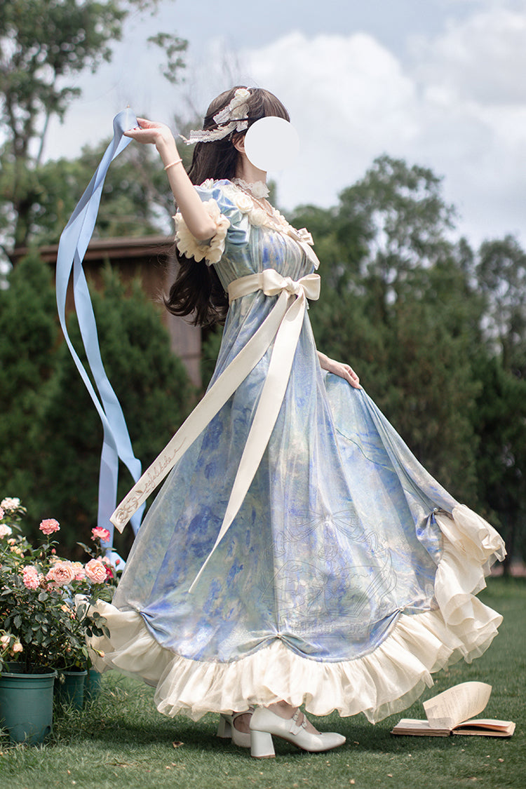 Robe Lolita Princesse Douce à Manches Courtes Imprimée avec Volants et Nœud Bleu [Peinture à l'Huile Soleil et Lune Poème] 