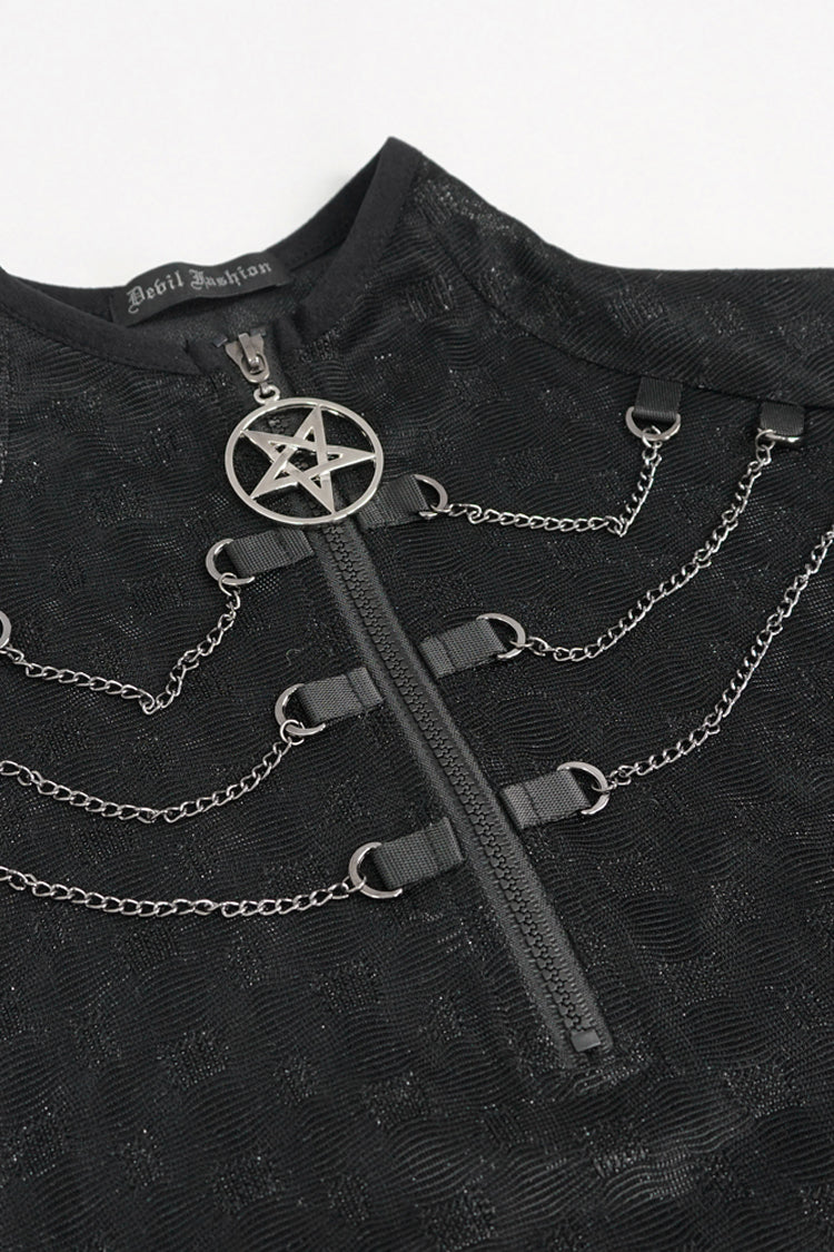 Black Mid-High Collar Front Neck Zipper Hanging Chain Mesh Fabric Long Sleeve Women's Punk T-Shirt