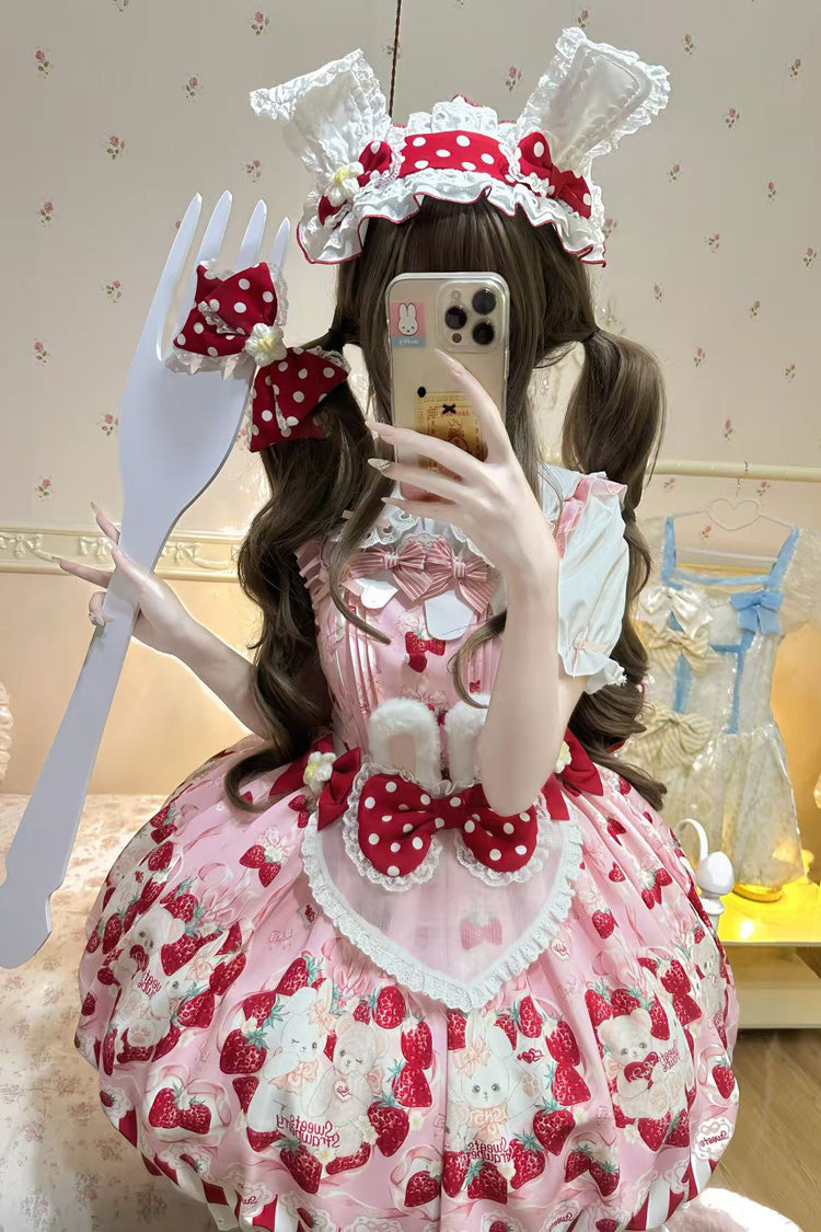 [Cream Rabbit Strawberry] Print Sleeveless Bowknot Sweet Lolita Jsk Dress 2 Colors