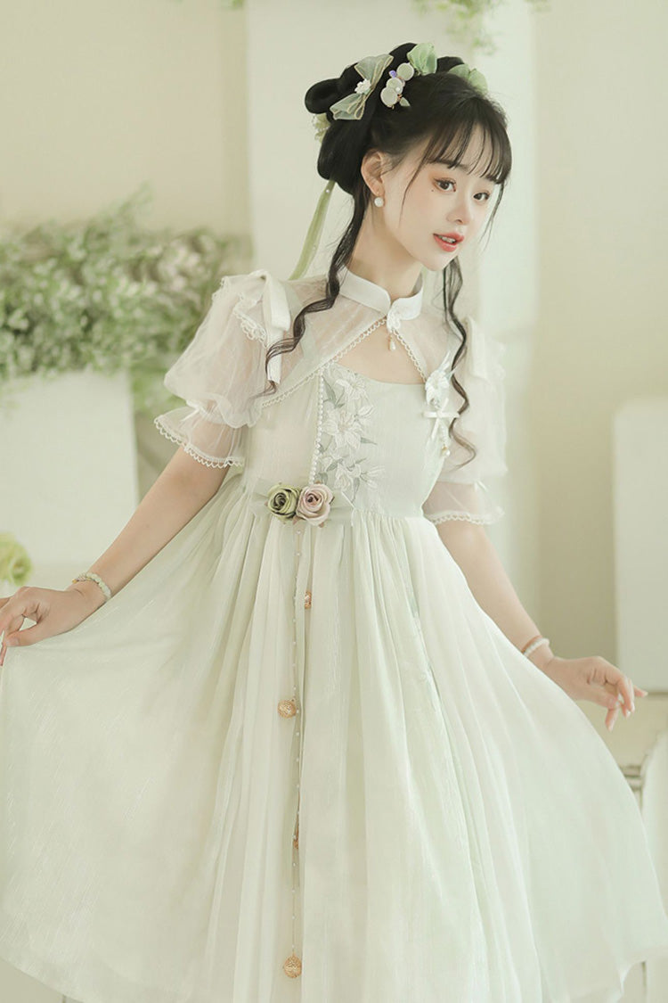 Mintgrünes ärmelloses Lolita JSK-Kleid mit Lilienstickerei