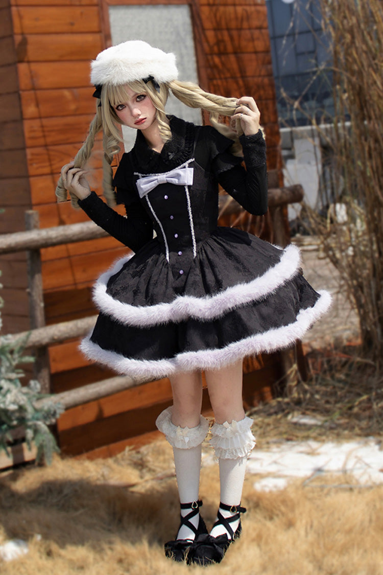 [Winter's Wish] Double-Layered Jacquard Bowknot Furry Sweet Lolita Jsk Dress 2 Colors