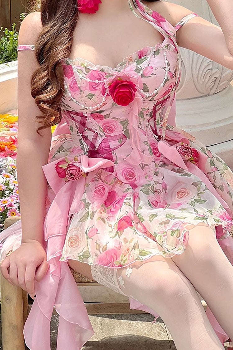 Pink Multi-Color Rose Print Sleeveless Short Version Sweet Lolita Strapless Dress