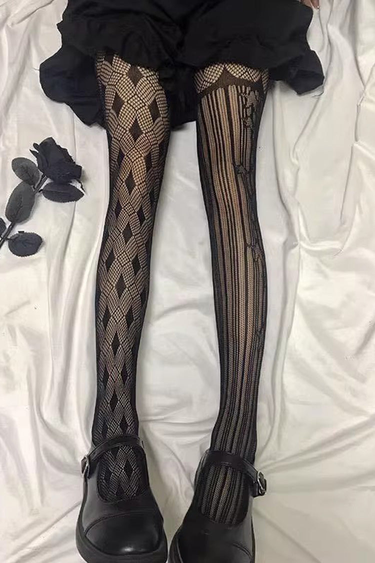 Black Mesh Asymmetric Striped Gothic Lolita Tights