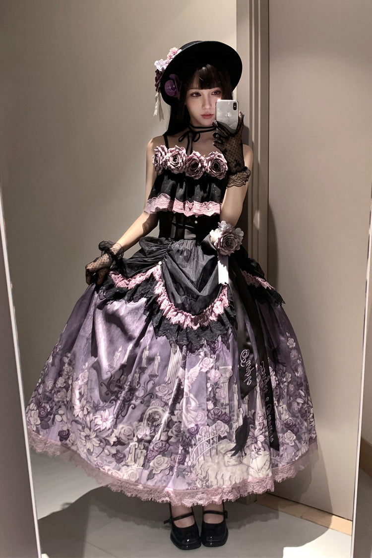 Black/Purple [Angel Garden] Sleeveless Print Ruffle Bowknot Lace Sweet Gothic Lolita Skirt Set