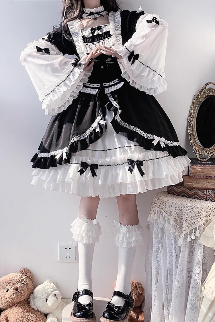 White/Black Hime Sleeves Multi-layer Ruffle Cardigan Bowknot Gothic Princess Lolita Dress