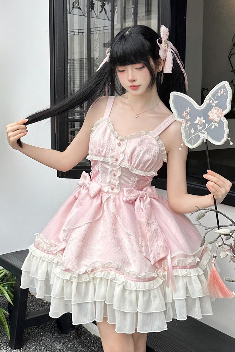 Pink [Spring Flower Notes] Ruffle Bowknot Lace Sweet Princess Lolita Jsk Dress