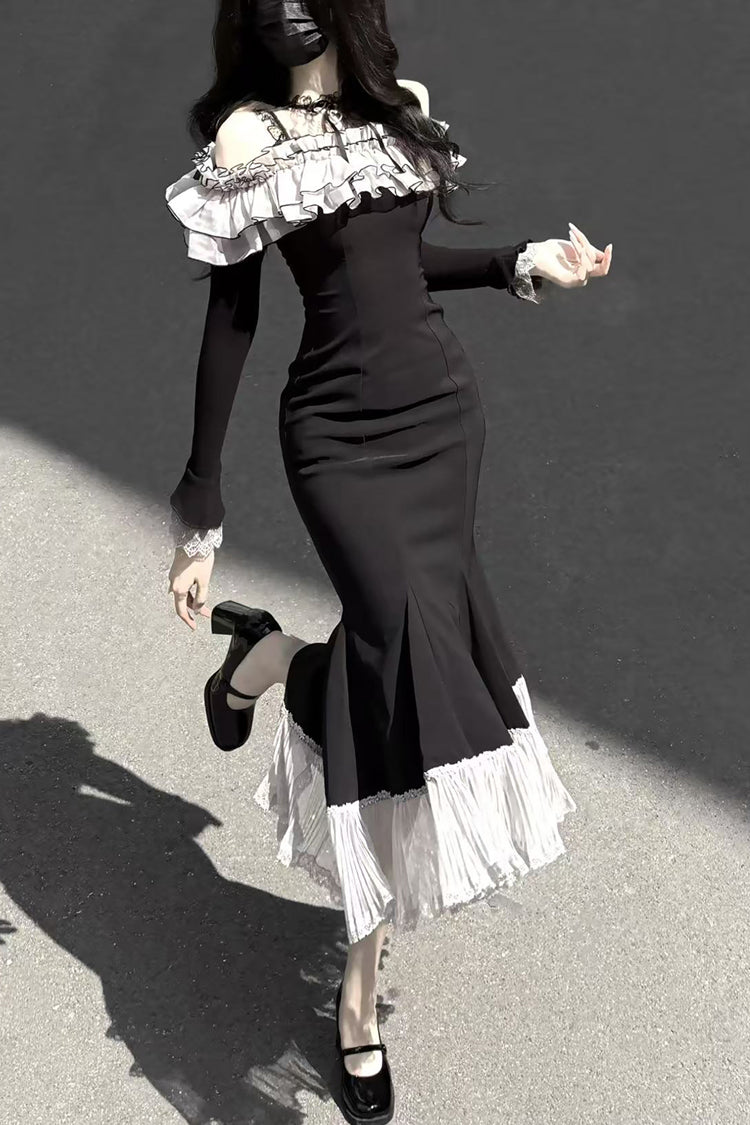Black [Night Cherry Blossoms] Long Sleeves Ruffle Bowknot Daily Sweet Elegant Lolita Fishtail Dress