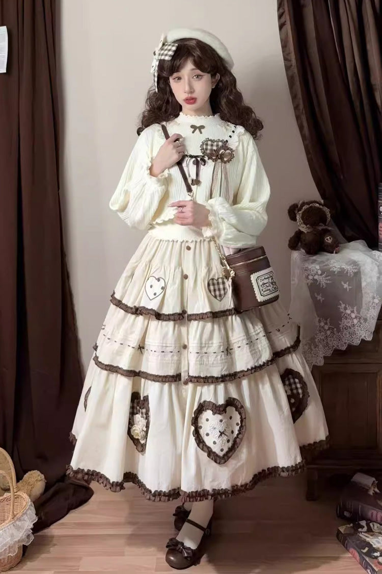 Ivory [Lovely Heart] Triple-Layered Ruffle Embroidery Bowknot Sweet Elegant Lolita Skirt