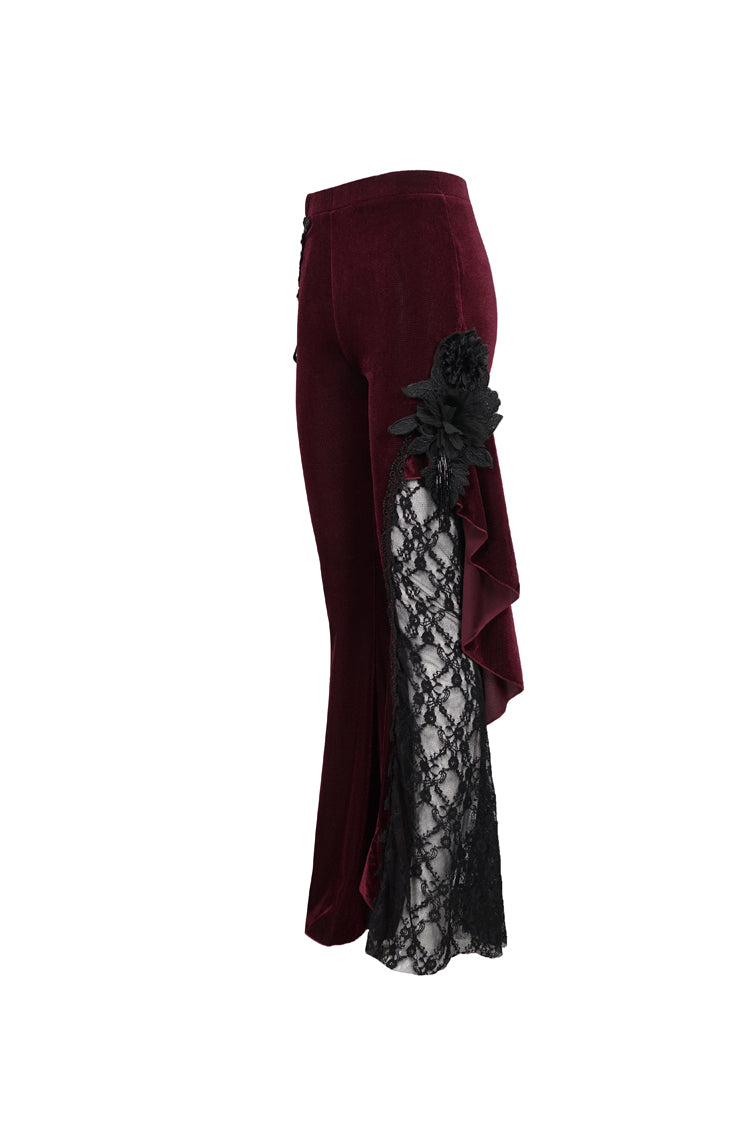 Red Velvet Single Side Stitching Rose Net Side Rope Decoration Asymmetric Pattern Flare Women's Gothic Pants