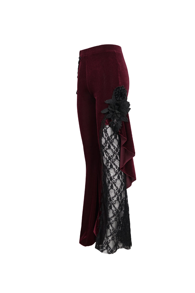 レッドベルベット片面ステッチローズネットサイドロープ装飾非対称パターンフレア女性のゴシックパンツ