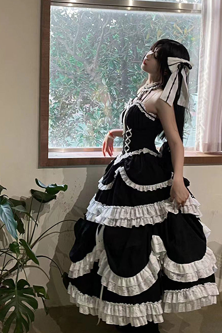 ブラック クロス ホルターネック フリル 蝶結び レース 編み上げ プリンセス ゴシック ロリータ ドレス