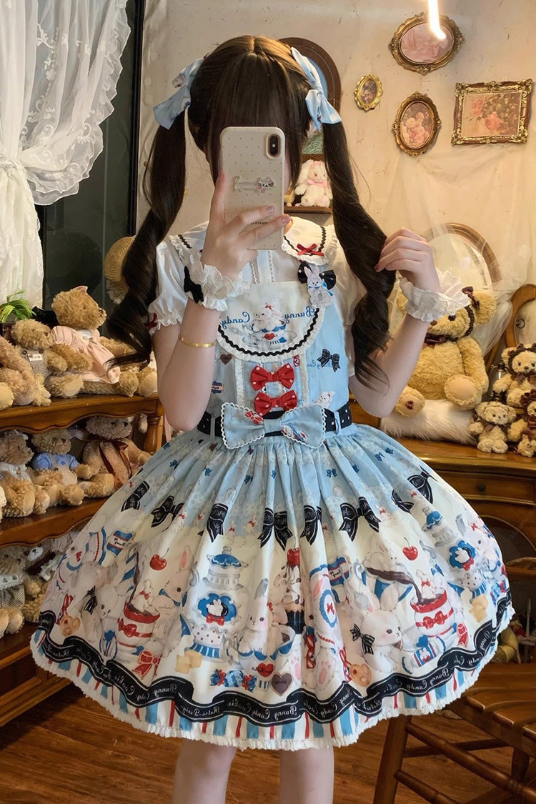 Blue [Mystery Rabbit Tea Party] Sleeveless Print Bowknot Lace Sweet Lolita Strap Dress